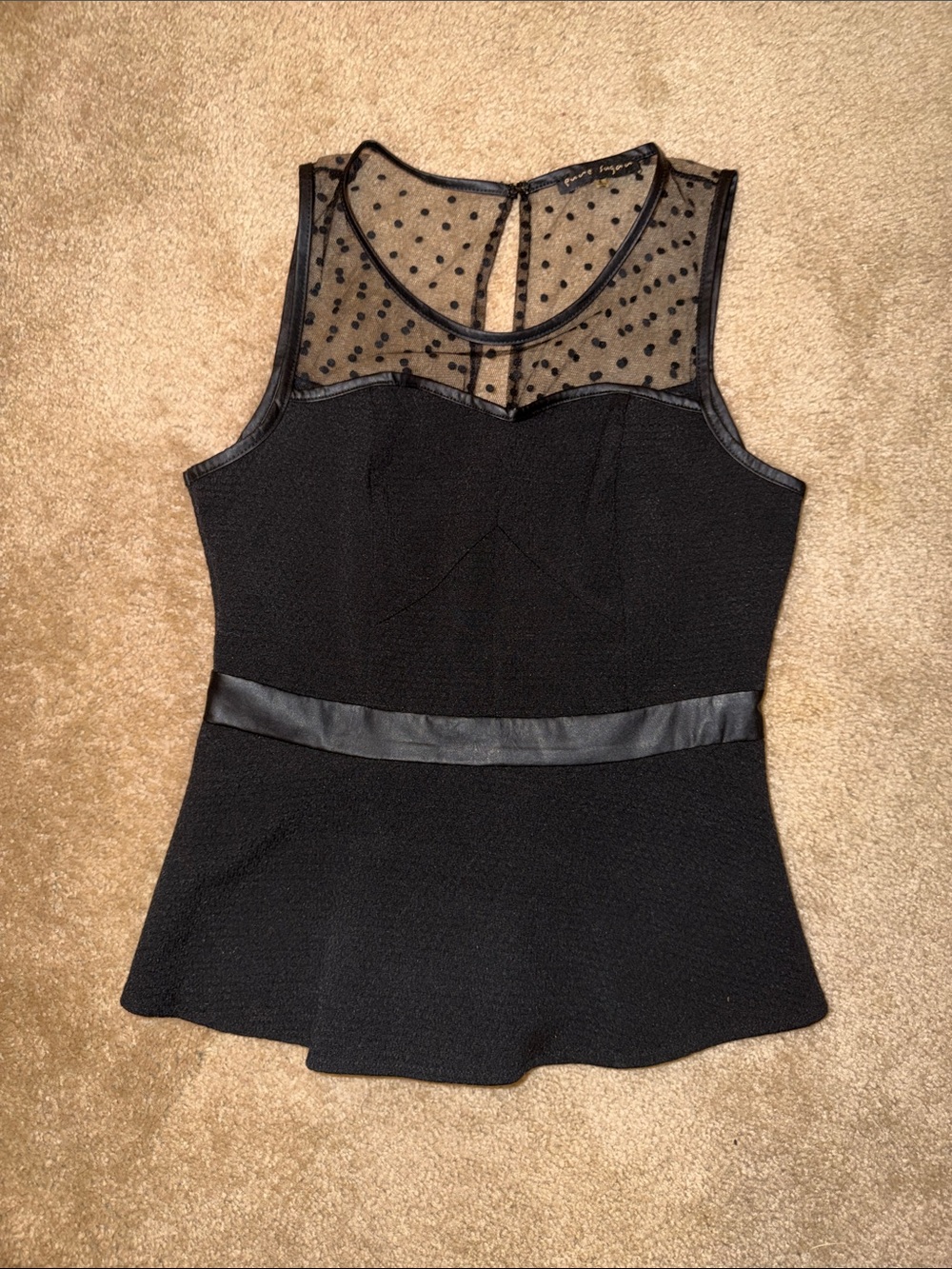 Black Peplum Tank with Polka Dot Mesh Yoke Small